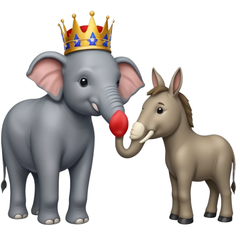 Democratic Party elephant facing Republican Party donkey with King Trump inbetween emoji