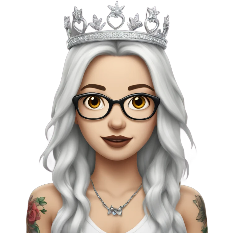 Hyperrealistic beautiful white girl, wearing a crown and glasses with tattoos, with long black hair  emoji