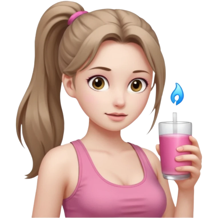 Девушка, бледная кожа, глаза серого цвета, светло русые, длинные волосы, собранные в хвост, розовая майка без рукавов,больше сиськи  emoji