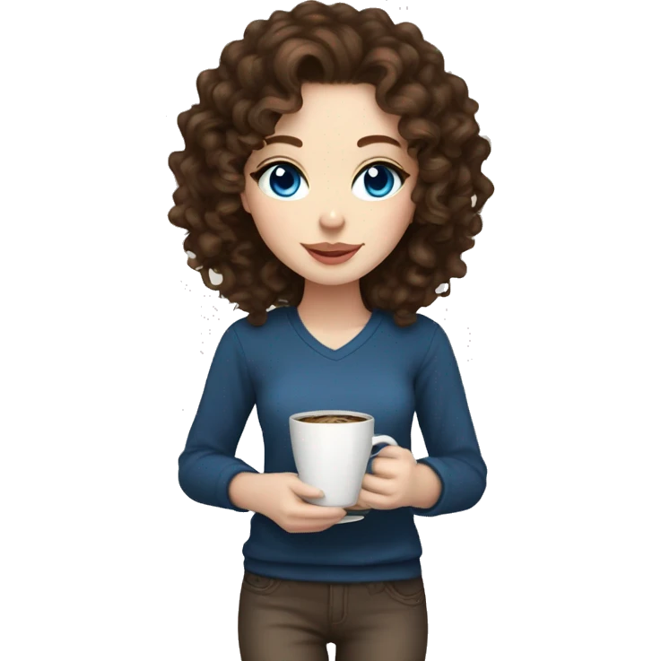 Pretty brunette with curly hair and blue eyes and pale skin with coffee and cat emoji