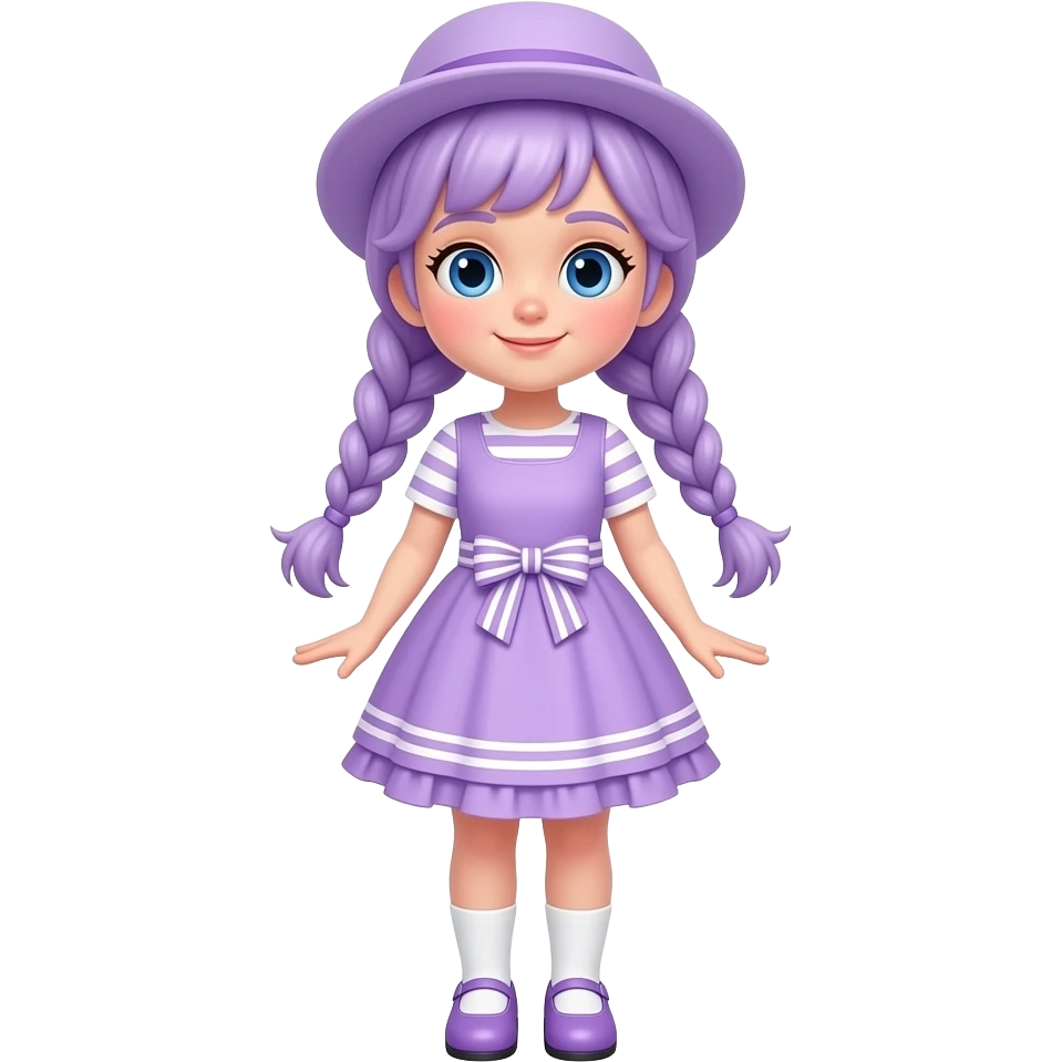 A girl with pale purple hair tied in braids and blue eyes, wearing a pale purple dress with white striped short sleeves and skirt, a pale purple frill, and a pale purple and white striped waist bow, pale purple shoes with white socks, and a pale purple hat. emoji