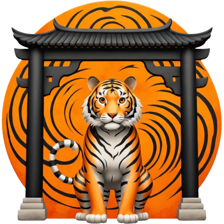 Traditional Chinese ink painting style emoji. A powerful tiger (like the ancient character 虎), standing guard in front of mystical gates (門). Energy swirls around him like a vortex (🌀). Minimalist, transparent background, 512x512 pixels. emoji