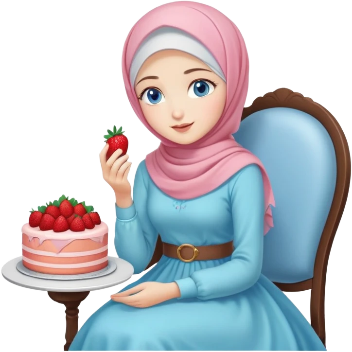 Turkish beautiful finish Konya girl blue eyes with pastel hijab long tail dress and sits on the chair and holds strawberry cake with her hand  emoji