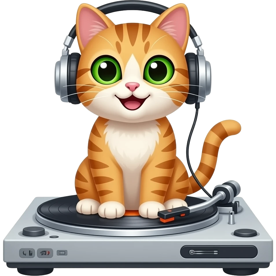 a happy cat listening to a record player emoji