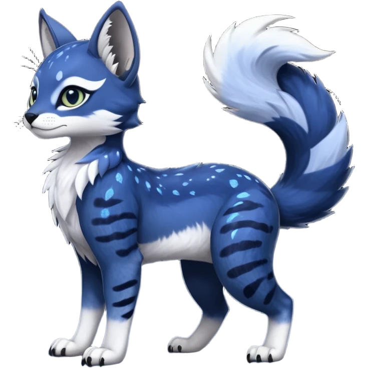 Cute kawaii cool edgy badass  glossy midnight-blue fur with silver starlight dusting fantasy-caracal-civet-genet-sergal-vernid-Gryphon-Cacomistle-Trico-oncilla-animal-Fakémon-hybrid-fursona (full body), facial markings, (realism style) emoji