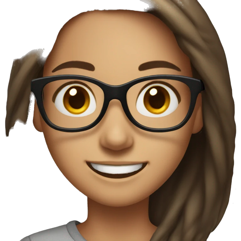 girl with black glasses, brown hair, brown eyes, brown spots on face and wide smile emoji