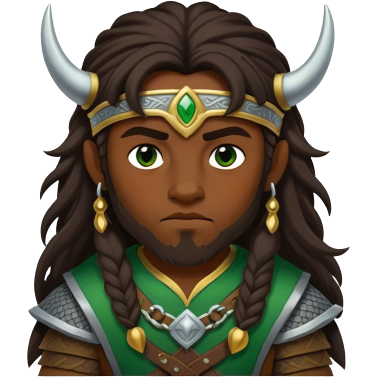 Dark long haired Viking boy green and gold emoji