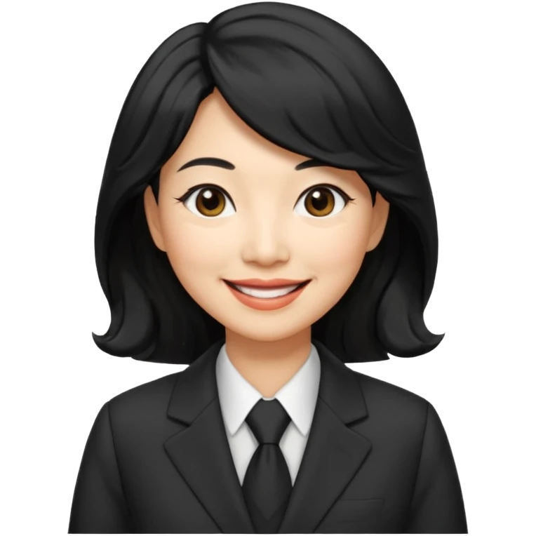 60 yr old asian woman, wavy thick black hair, side part, side swept bang, big smile, business suit emoji