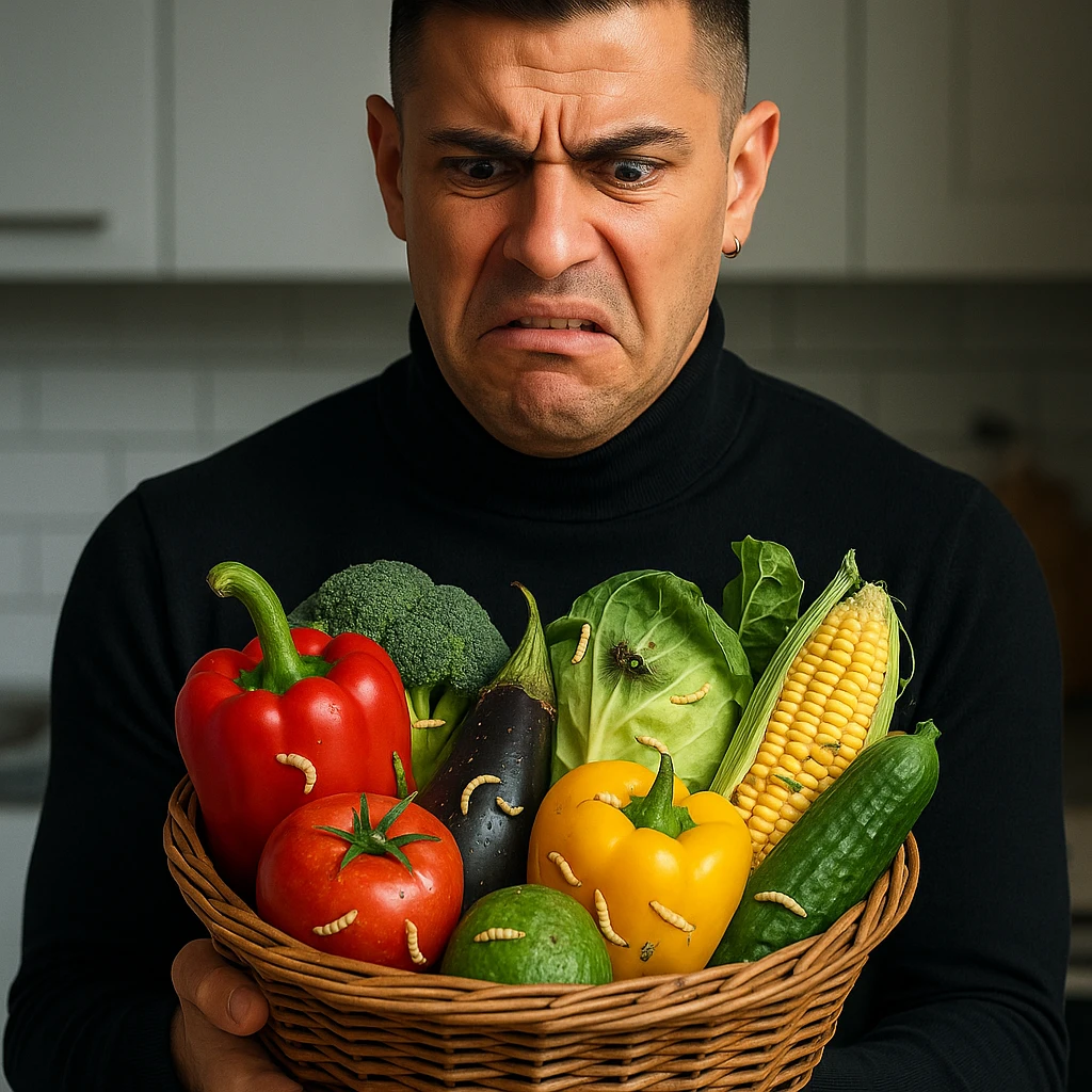 Create a realistic or semi-realistic style image of a 30-year-old man inspired by the reference image, holding a basket of fresh fruits and vegetables. The man has a disgusted expression. The produce shows subtle but visible larvae and insects. The background is a kitchen. Emphasize strong contrast between freshness and contamination, conveying a health warning mood. emoji