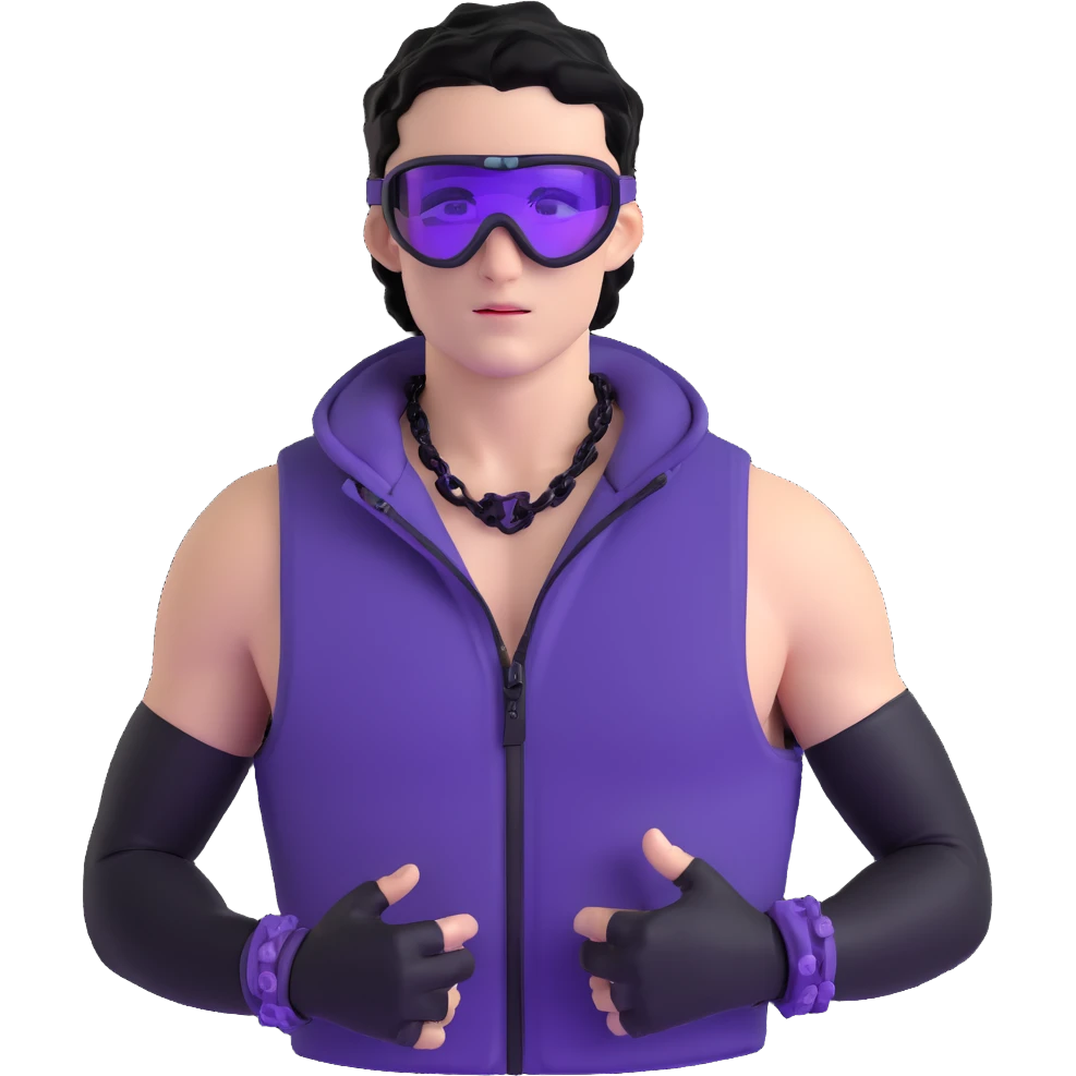 male athlete with white skin and moderately curly black hair on top with shaved sides, wearing ski goggles with purple frames and very dark black lenses, a simple plain black chain necklace, and a completely unzipped sleeveless vest with purple and black sequin fire pattern design with no logo or brand emblem, fully revealing his chest, shoulders and arms, no earrings emoji