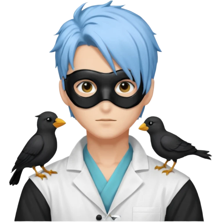 Handsome sexy adult anime man with light-blue hair and a black bird mask, wearing a white lab coat (Il Dottore from Genshin Impact) emoji