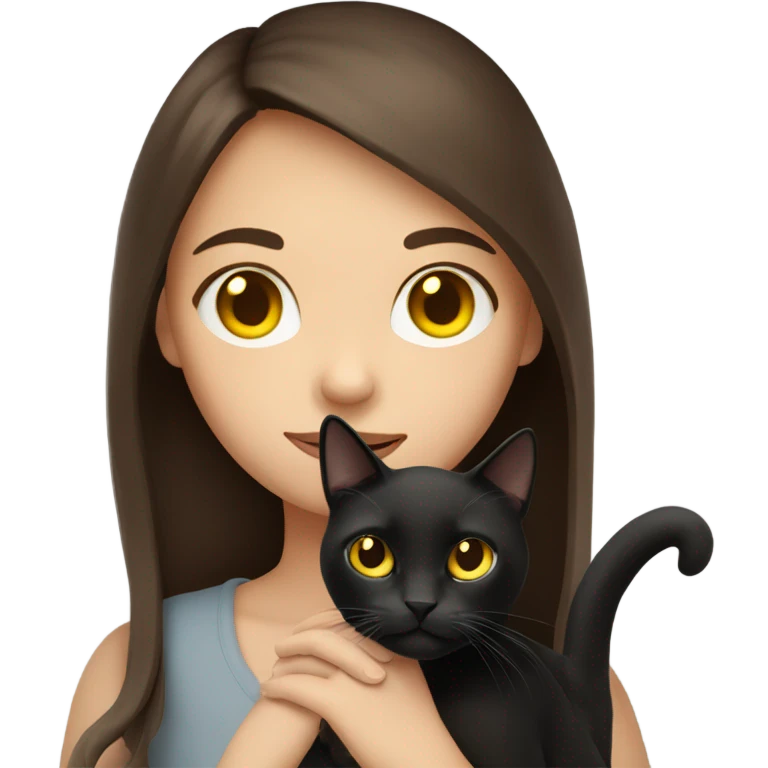 A girl with white skin, mid long brown hair, holding a black cat in her arms with yellow eyes emoji
