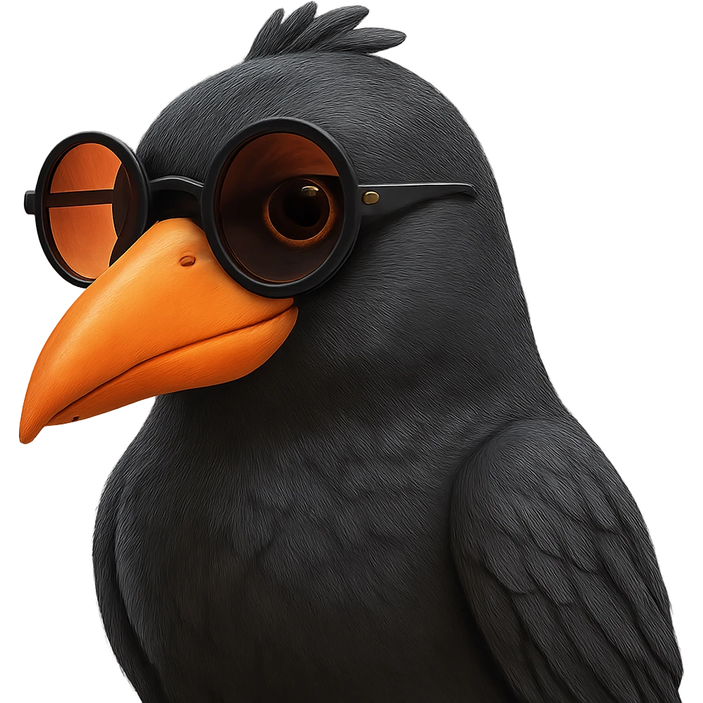 Make the bird slightly more realistic than the original, but still cartoonish. Keep the same pose, orange beak, and round sunglasses. Add subtle feather texture and gentle shading, but not hyper-realistic. Bird looking to the right. No background. The style should maintain the cartoonish look of the original bird. emoji