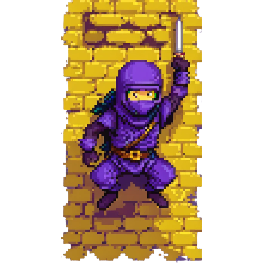 pixel art stealthy ninja, dark purple outfit, climbing a wall emoji