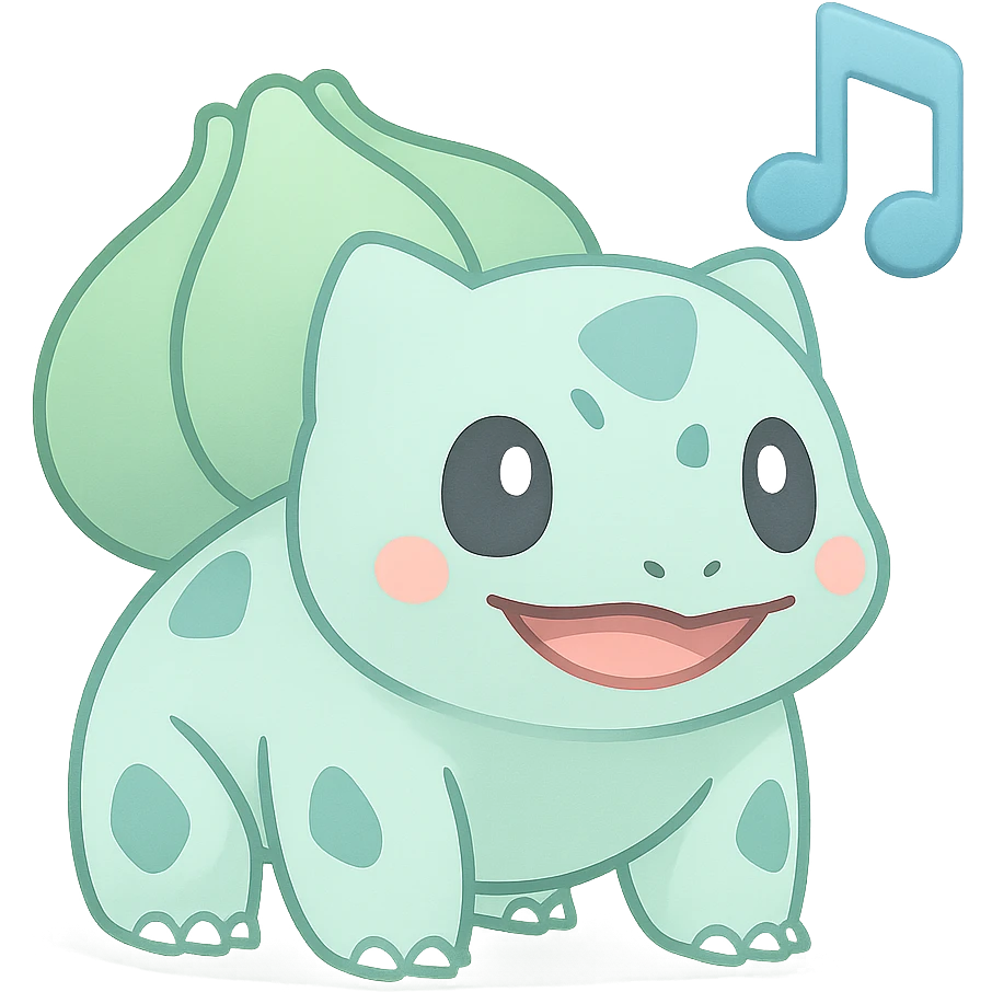 Change Bulbasaur to a pastel blue and mint green color palette, keeping the Rednote emoji style with musical note accent. The style is emoji style with musical note accent as in the original image. emoji