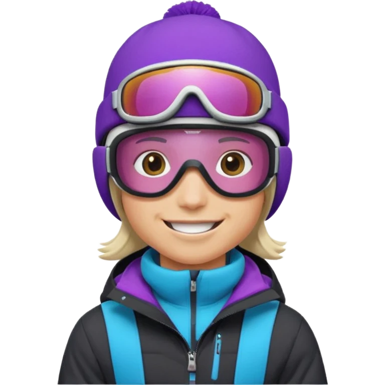 Pro Snowboarder with white and grey beanie, ONE pair of purple and blue frameless goggles on and a black jacket emoji