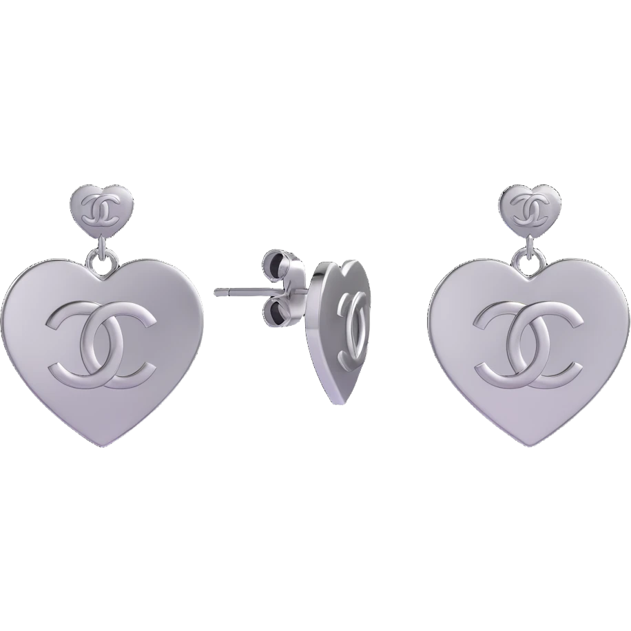 3D emoji-style black and white heart-shaped earrings with a silver Chanel logo in the center, elegant emoji