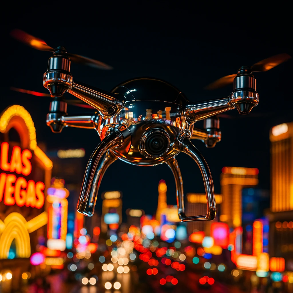 chrome style drone reflecting Las Vegas lights emoji
