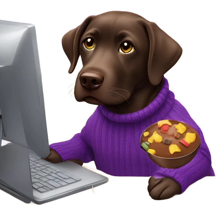 Chocolate lab working on computer with small headset , food on desk, wearing purple sweater  emoji