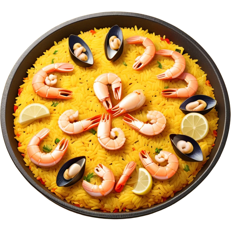 cinematic-realistic-paella-dish-emoji,-depicted-as-a-vibrant,-aromatic-rice-dish-loaded-with-seafood,-chicken,-and-saffron-rendered-with-rich-textures-and-dynamic,-warm-lighting with a lemon slice in the middle emoji