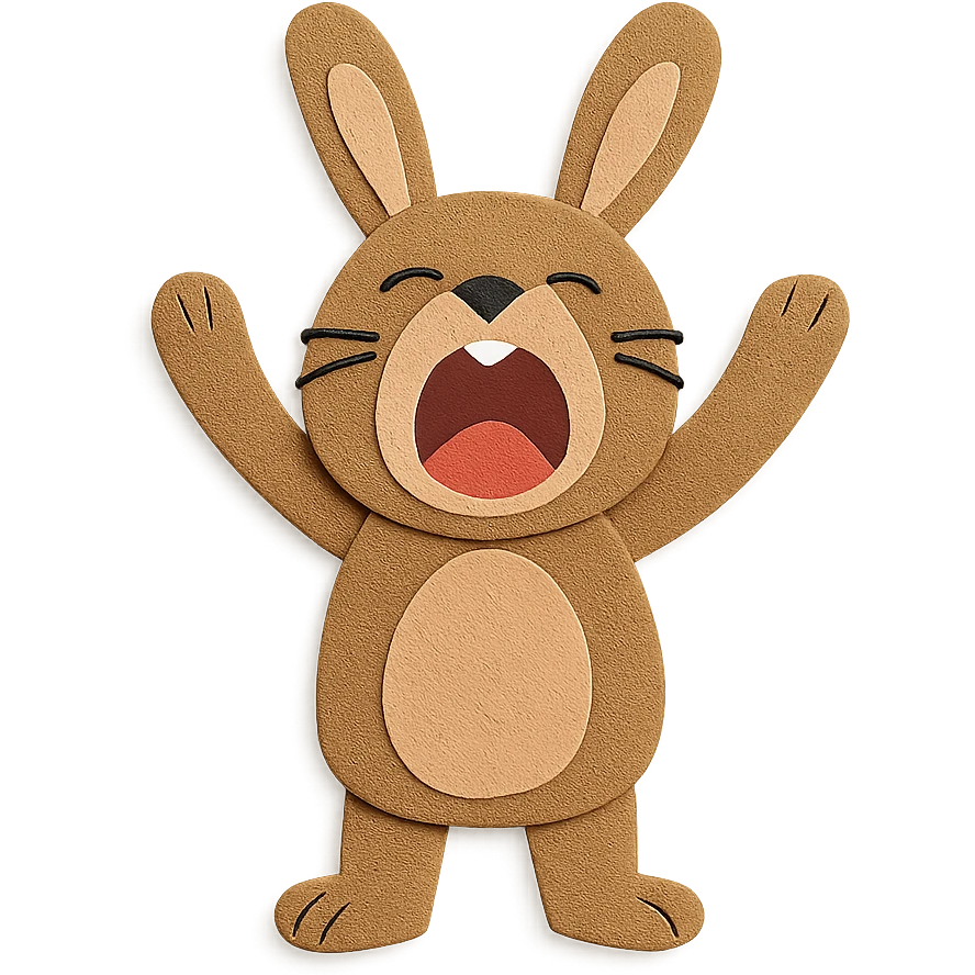 full-body brown bunny with big yawn arms up emoji