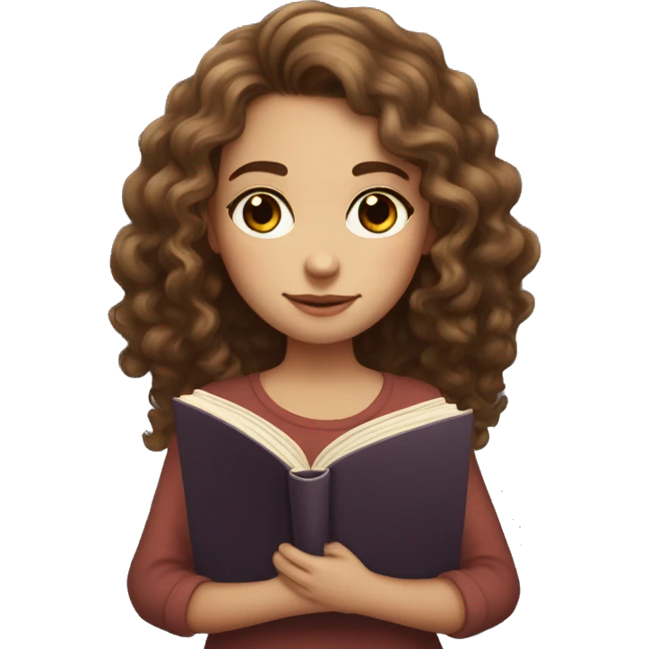girl with long curly brown hair, she has light, white skin, two moles on her right cheek, brown eyes, holds a book in her hands and reads emoji