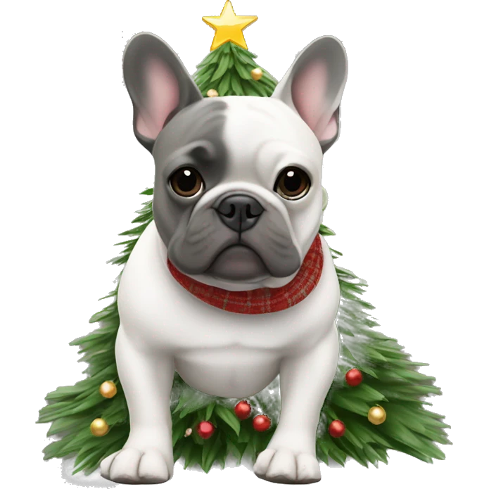 Grey French bulldog wearing Uggs in a Christmas tree emoji