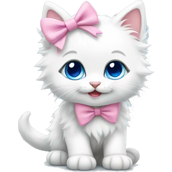 A happy cute fluffy white kitten with blue eyes and a pink bow  emoji