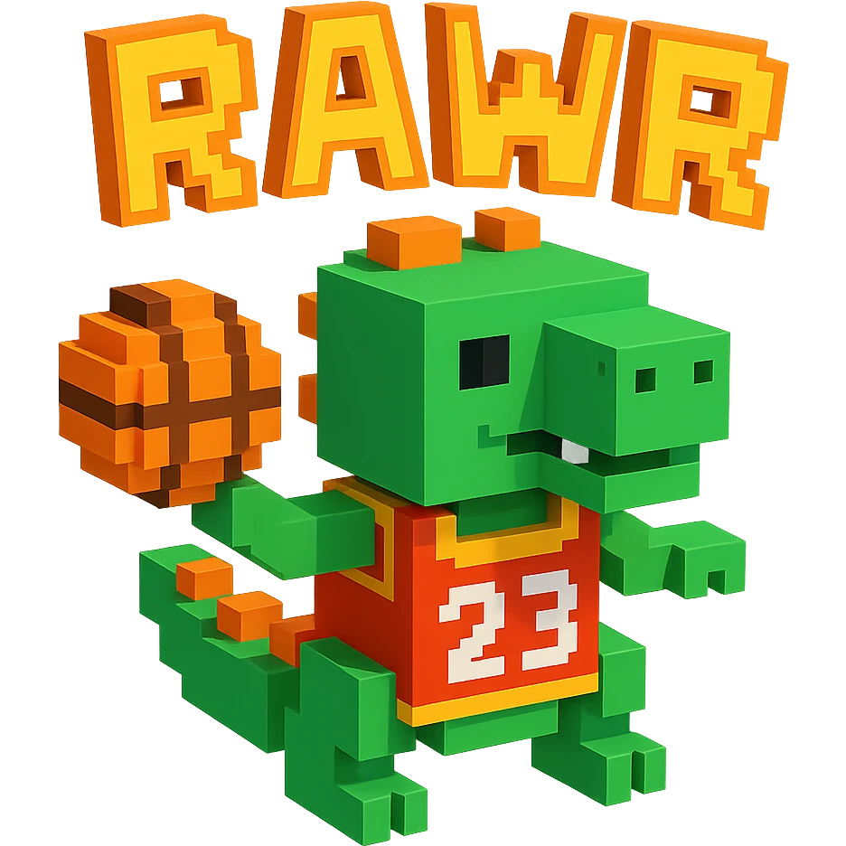 надпись "RAWR" и динозавр с баскетбольном мячом в майке с надписью "23", no background  emoji