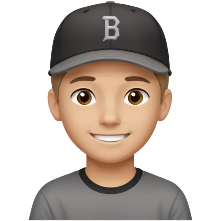 Create a teen boy wearing a faded black T-shirt. He will have light brown hair that is buzzed, tan skin, and dark brown eyes. He is wearing a gray baseball hat turned backwards. He is smiling emoji