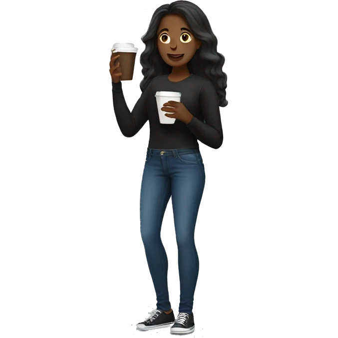 Black female with long hair talking on cellphone and holding a coffee wearing black shirt and jeans full length  emoji