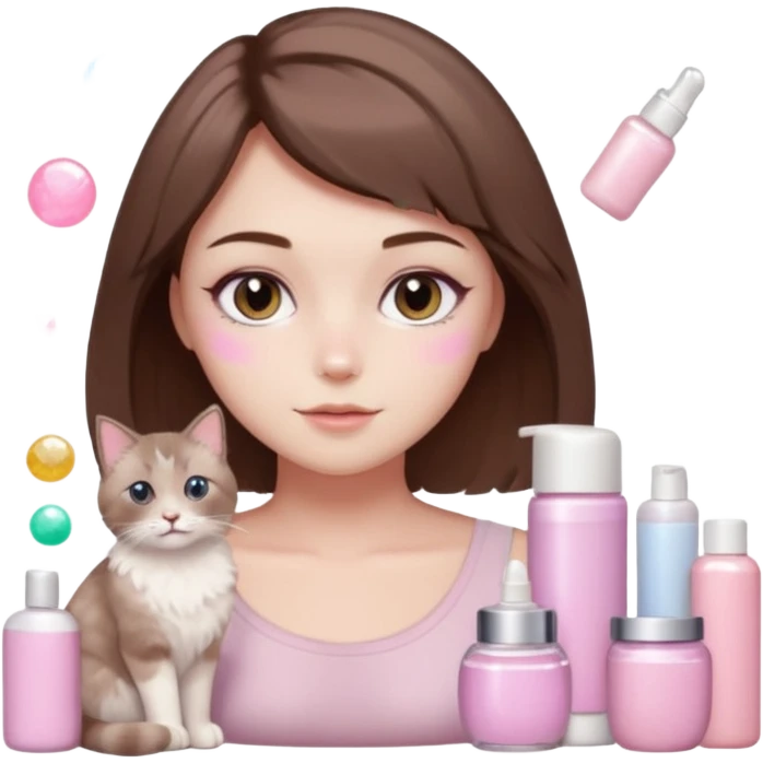 soft girl with short brown hair, surrounded by skincare, sparkles, two light brown ragdoll cats, pink pastel vibe emoji