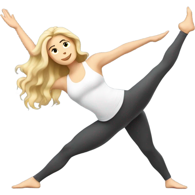 White woman, long hair, blonde hair, wavy hair, warrior 2 pose emoji