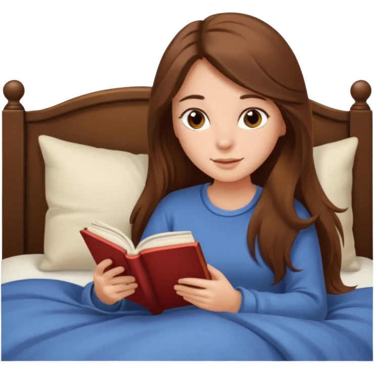 Cozy girl with long brown hair and brown eyes reading in bed emoji