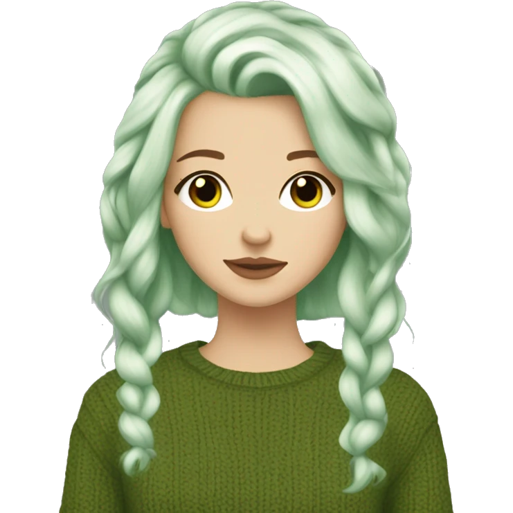 Pretty brown eyed white girl with green hair, with olive green sweater reading cozy emoji