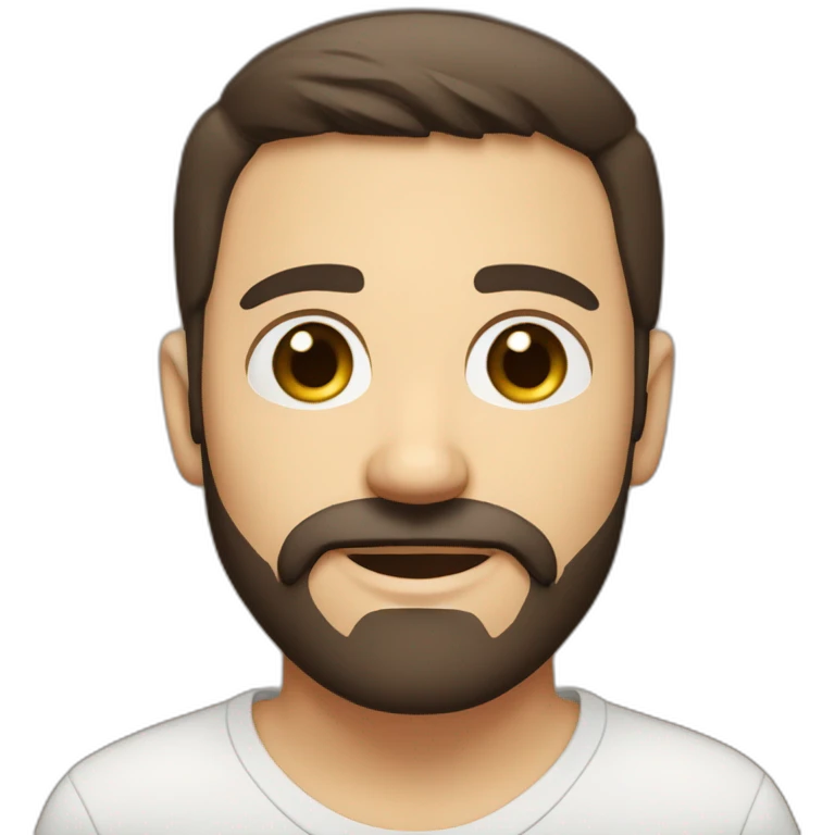 A young Caucasian man with dark brown eyes, almond-shaped eyes, short dark brown hair, and a small dark brown beard with a more prominent mustache. emoji