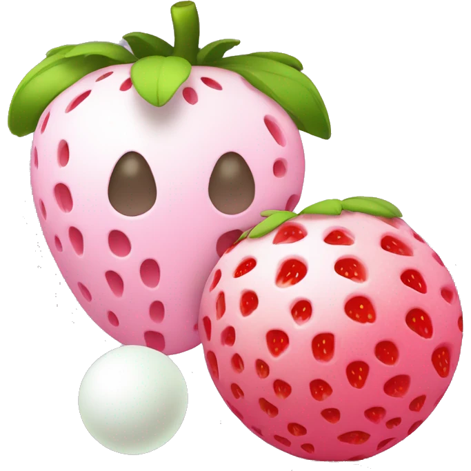 Cilidrinc white skin object, with 2 balls with the same color and on the top of the cilinder, a pink strawberry without points and green part emoji