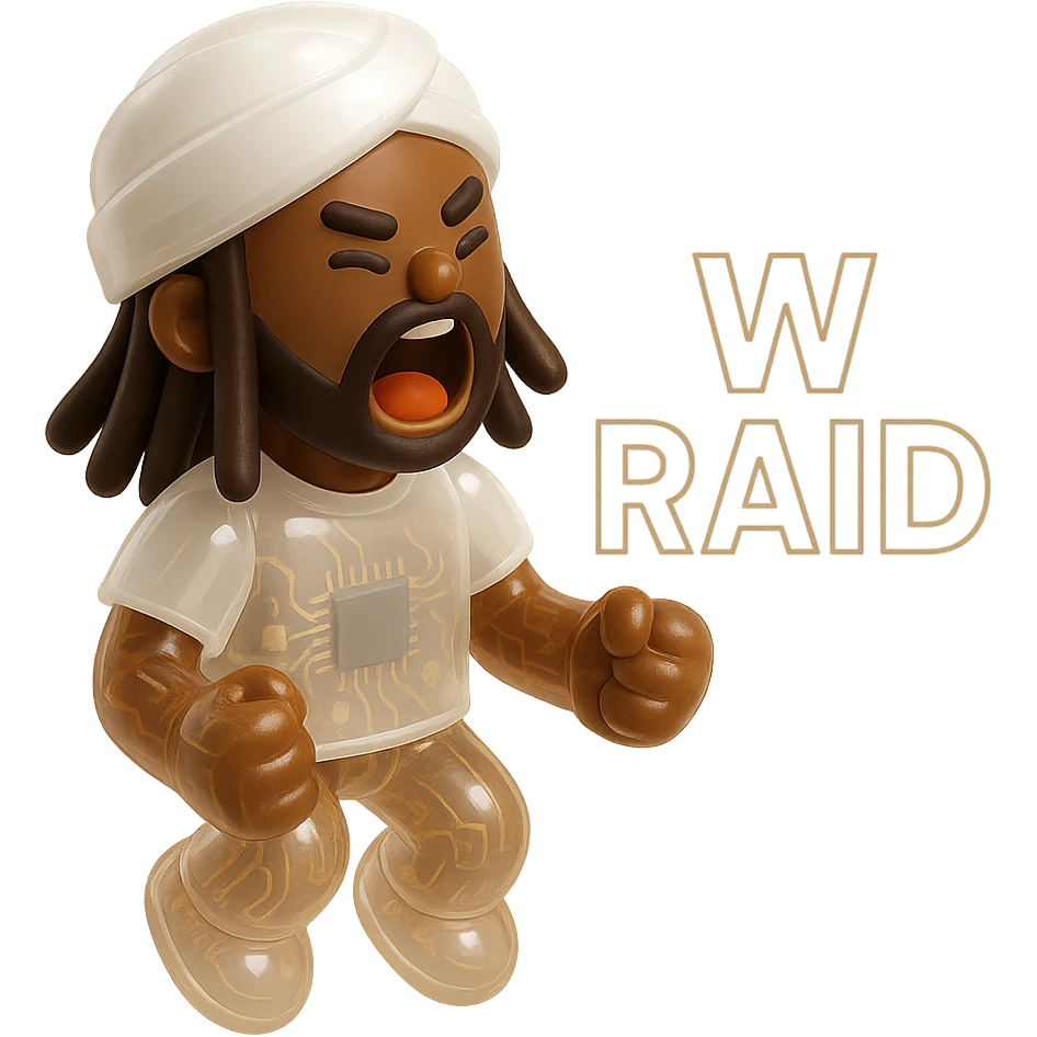 Brownskin man with long brown dreadlocks 
White  t-shirt 
WHITE turban 
expression is yelling 
Add the word W RAID emoji