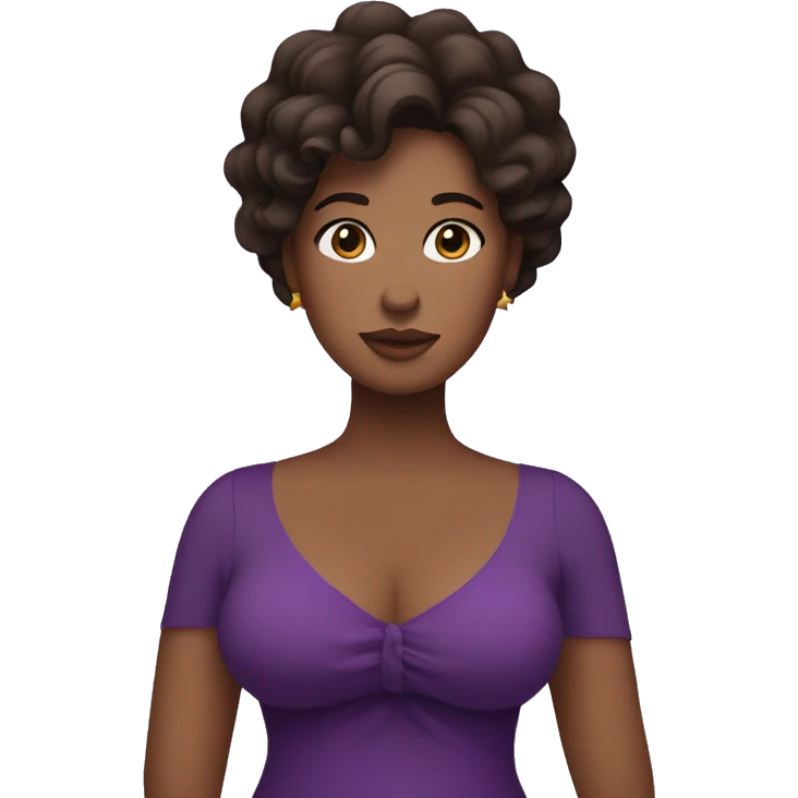 curvy woman holding chest, dark brown hair, purple dress, and a star on her face emoji