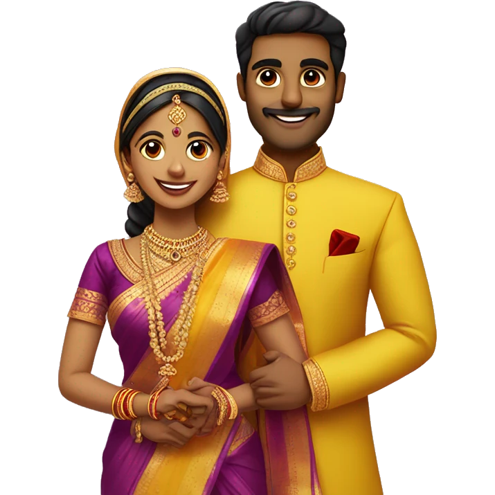 Tamil south indian bride in yellow saree with red border and groom wearing purple sherwani for Engagement  emoji