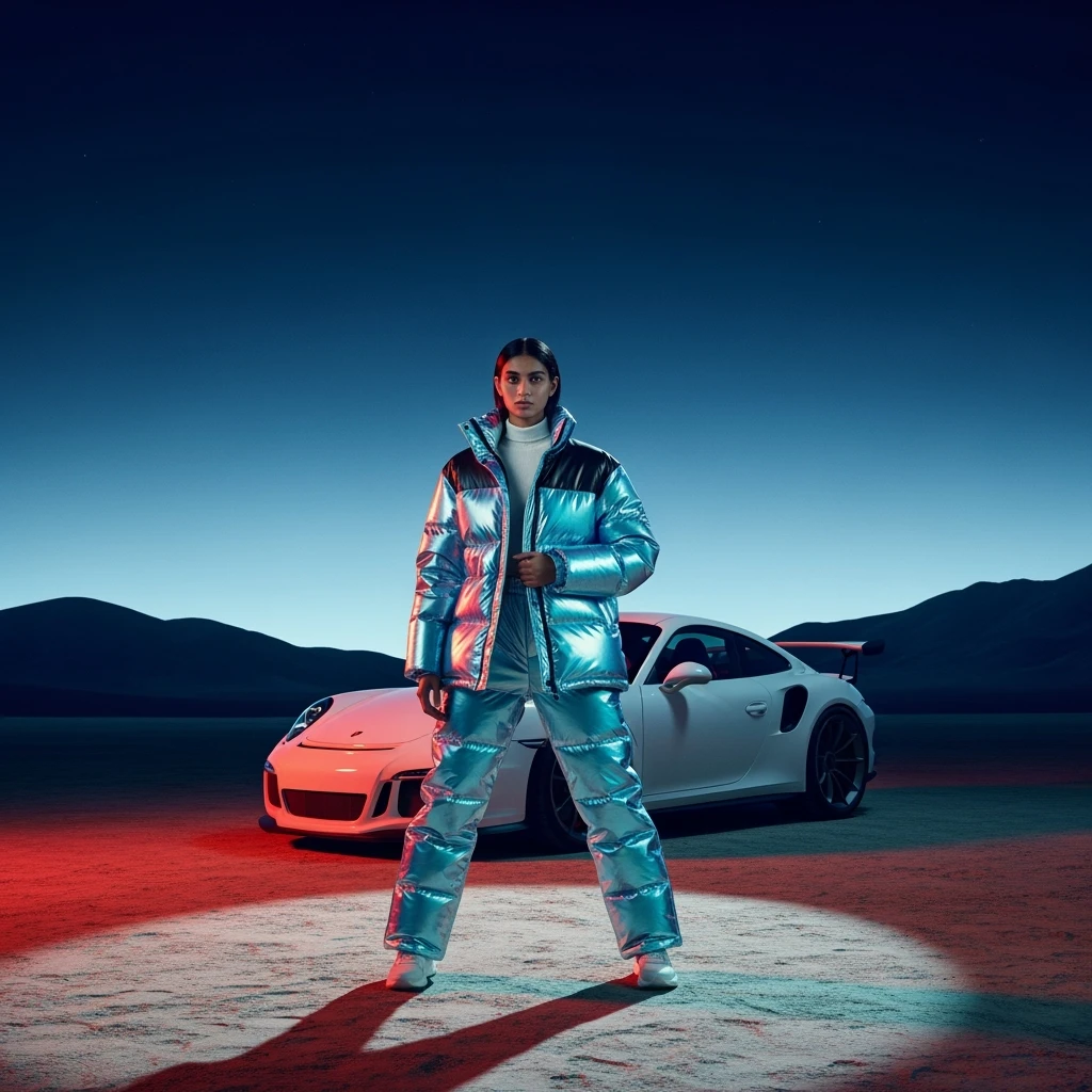 Closeup shot, Top view Photo of a woman dress in abstract holo puffer Louis Vuitton outfit, express body, porsche 911 gt3 rs, soft light, red light in background, woman on desert during night with spot light, blue minimalistic sky in background, studio, layared composition, mountains in background, emoji