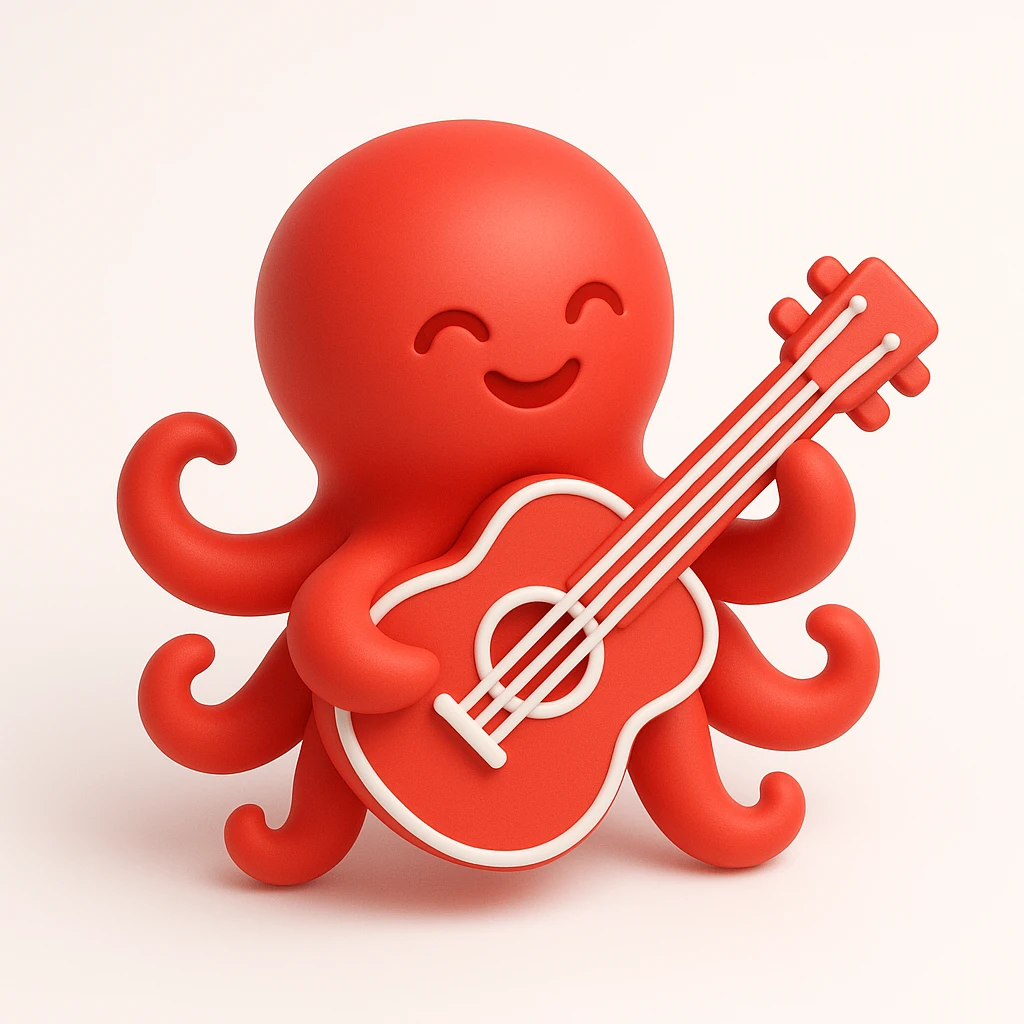 happy octopus with multiple arms playing guitar emoji