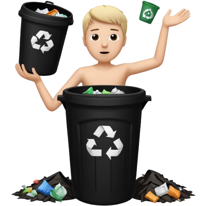 give me a white stickman and a black trash can and trash and make the man throw some trash can and make the background black  emoji