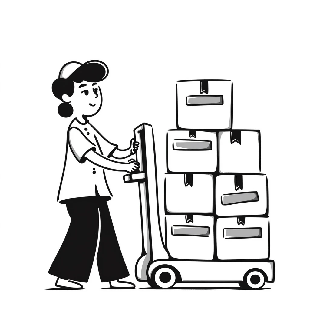 A hand-drawn warehouse worker with a forklift carrying inventory, representing a supplier emoji