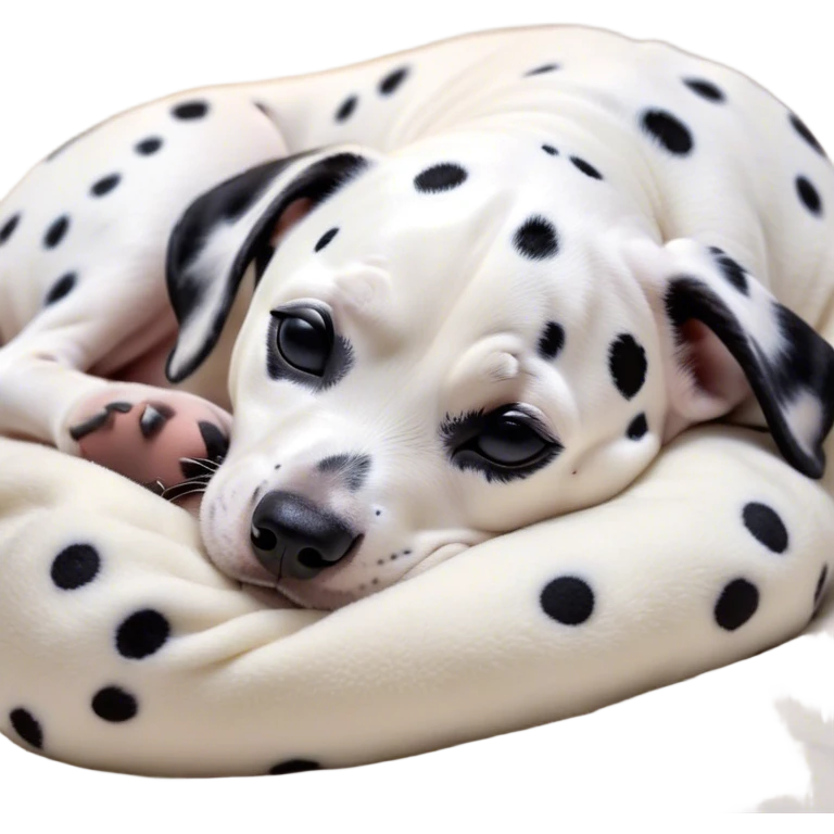 Cinematic cute Sleeping Dalmatian Portrait Emoji, cute and serene, with a round, plump build and a glossy white coat adorned with distinctive black spots, eyes gently closed in peaceful slumber, Simplified yet irresistibly endearing features, highly detailed, glowing with a gentle, dreamy glow, high shine, relaxed and content, stylized with a touch of whimsy, bright and heartwarming, soft glowing outline, capturing the essence of a blissfully sleepy companion, so comically serene it feels like it could roll out of the screen and snore with adorable charm! emoji