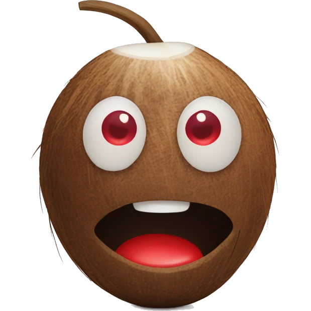 a coconut with a face on it looking down with red eyes, frightened by what it has done emoji