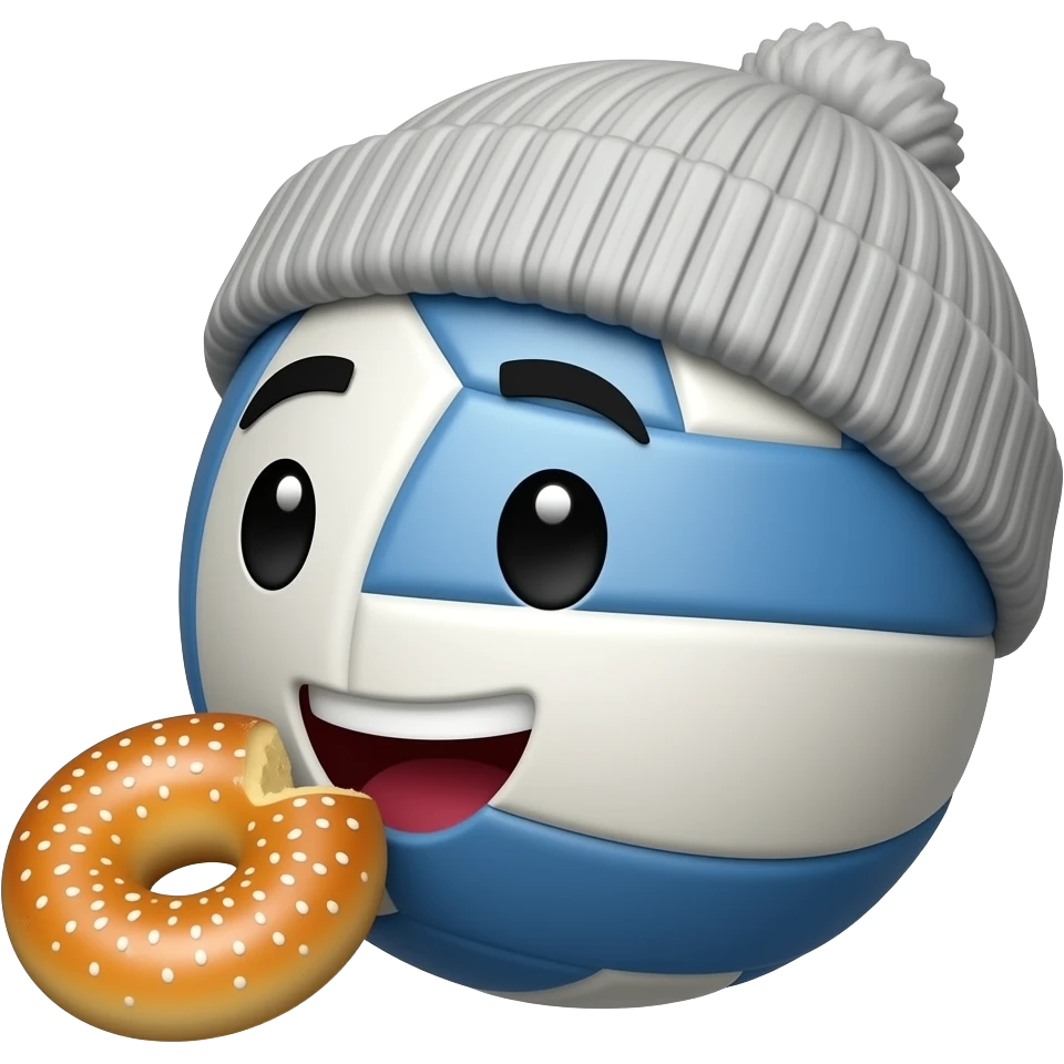 volleyball wearing a beanie eating krapfen. just this. do not add anything else, i want the volleyball to have a face emoji