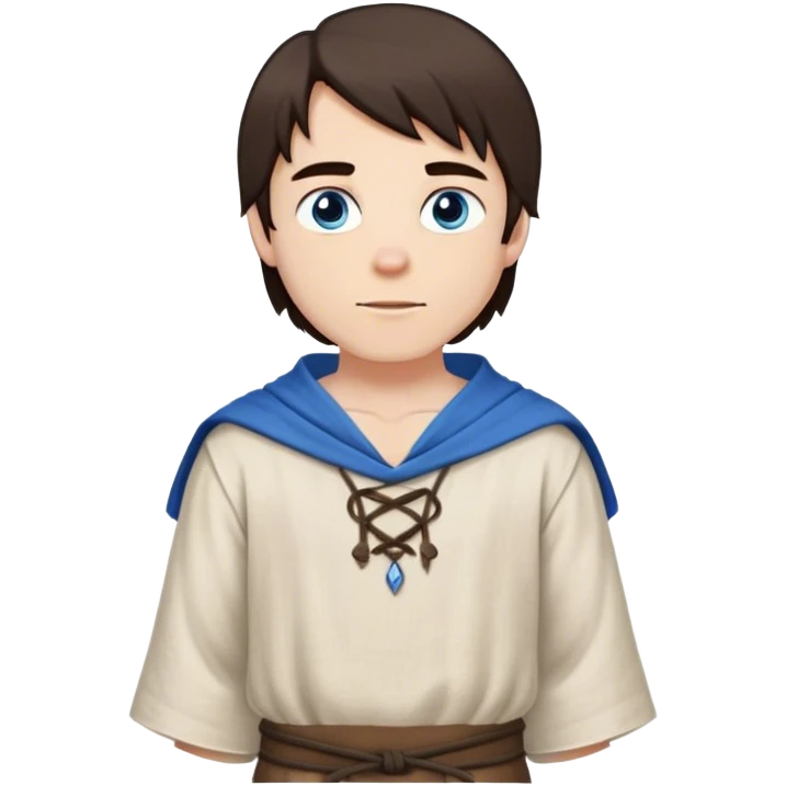 medieval spring outfit worn by a DnD themed fantasy male character. simple linen tunic with a drawstring neckline, paired with a lightweight wool shoulder wrap for mild breezes. clothes only above the waist. The clothes full waist. The character's haven't arms. character is white-skinned, dark brown hair, blue eyes, medium-length straight hair. emoji