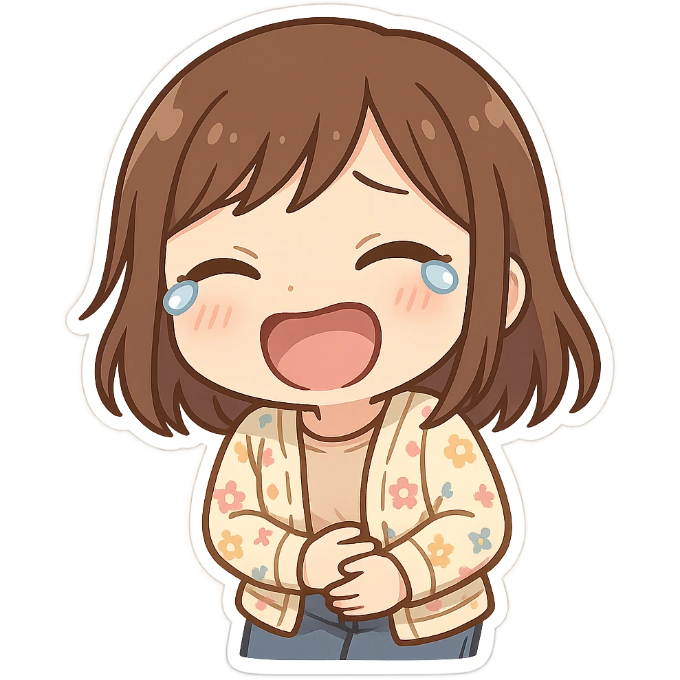 chibi sticker of a girl with brown straight hair and brown eyes, wearing a pastel floral cardigan and jeans, laughing to tears, holding her stomach, white outline, transparent background, 512x512px emoji