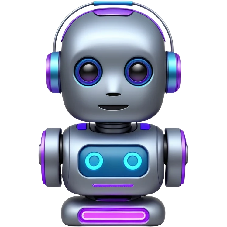chatbot robot in gray color, with neon glow lines, blue neon glow on top left, purple neon glow on bottom right emoji